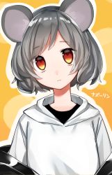 Rule 34 | 1girl, :&lt;, alternate costume, animal ears, black jacket, black shirt, casual, character name, closed mouth, commentary, contemporary, grey hair, highres, hood, hoodie, jacket, katsuobushi (eba games), looking at viewer, mouse ears, nazrin, off shoulder, orange eyes, shirt, short hair, solo, touhou, translated, upper body, white hoodie
