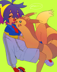 Rule 34 | 1boy, :d, ahoge, blue shirt, blueberry academy school uniform, blush stickers, closed eyes, collared shirt, colored inner hair, commentary request, creatures (company), crossed bangs, from side, furret, game freak, gen 2 pokemon, gloves, green background, hair between eyes, hairband, happy, headpat, highres, holding, holding poke ball, jacket, kieran (pokemon), knees, long sleeves, male focus, multicolored hair, necktie, nintendo, open mouth, partially fingerless gloves, poke ball, pokemon, pokemon (creature), pokemon sv, purple hair, red gloves, red necktie, school uniform, shirt, short hair, shorts, simple background, single glove, smile, speech bubble, tisanntisyou, tongue, translation request, yellow hairband