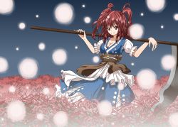 Rule 34 | 1girl, belt, blue background, breasts, carrying, carrying over shoulder, cleavage, coin, dress, fireflies, flower, hair bobbles, hair ornament, layered dress, looking at viewer, matsuoka michihiro, medium breasts, onozuka komachi, puffy short sleeves, puffy sleeves, red eyes, red hair, scythe, short hair, short sleeves, shoulder carry, smile, solo, spider lily, standing, touhou, twintails, two side up