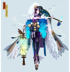Rule 34 | 1girl, absurdres, alternate costume, alternate hair color, aoandon, bird, black nails, black thighhighs, blue fire, breasts, cleavage, feathers, fire, full body, grey background, hair ornament, headpiece, highres, holding, holding lantern, japanese clothes, kiseru, lantern, looking at viewer, medium breasts, nail polish, onmyoji, purple eyes, smoking pipe, solo, standing, thighhighs