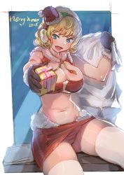 Rule 34 | 1girl, 2018, :d, adapted costume, blonde hair, blue background, blue eyes, bow (bhp), breasts, christmas, cleavage, commentary request, english text, fang, fur trim, gloves, hairband, hand up, hat, holding, large breasts, looking at viewer, merry christmas, microskirt, mini hat, navel, open mouth, original, panties, pantyshot, pencil skirt, pink panties, red skirt, sack, santa costume, santa hat, short hair, sitting, skirt, smile, solo, striped clothes, striped panties, thighhighs, underwear, white thighhighs