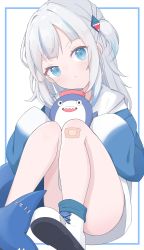 Rule 34 | 1girl, :t, absurdres, bandaid, bandaid on knee, bandaid on leg, bloop (gawr gura), blue eyes, blue hair, blue hoodie, blue socks, blush, closed mouth, commentary, english commentary, fins, fish tail, gawr gura, grey hair, head tilt, highres, holding, hololive, hololive english, hood, hood down, hoodie, long hair, long sleeves, looking at viewer, multicolored hair, pout, shark tail, shoe soles, shoes, sleeves past fingers, sleeves past wrists, socks, starfox1015, streaked hair, tail, two side up, virtual youtuber, white background, white footwear