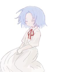 Rule 34 | 1girl, blue eyes, blue hair, closed eyes, closed mouth, collared dress, dress, enomoto noa, invisible chair, light blue hair, neck ribbon, parted bangs, puffy short sleeves, puffy sleeves, red ribbon, ribbon, saibou shinkyoku, short hair, short sleeves, simple background, sitting, solo, stars287, white background, white dress