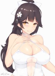 Rule 34 | 1girl, azur lane, black hair, blush, bow, breasts, cleavage, collarbone, criss-cross halter, dated, flower, hair bow, hair flower, hair ornament, halterneck, hand on own chest, kuavera, large breasts, long hair, looking at viewer, one-piece swimsuit, orange eyes, ponytail, simple background, skindentation, smile, solo, swimsuit, takao (azur lane), takao (beach rhapsody) (azur lane), twitter username, upper body, white background, white bow, white one-piece swimsuit