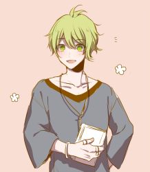 Rule 34 | 1boy, :d, amami rantaro, beige background, blush, book, collarbone, commentary request, danganronpa (series), danganronpa v3: killing harmony, green eyes, green hair, hair between eyes, jewelry, long sleeves, looking at viewer, male focus, miyuzu, necklace, open mouth, ring, shirt, short hair, simple background, smile, solo, wristband