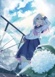 Rule 34 | 1girl, :d, arm up, black footwear, blue sailor collar, blue skirt, blue sky, blurry, blurry foreground, blush, chain-link fence, cloud, cloudy sky, commentary request, day, depth of field, fence, flower, green eyes, hair between eyes, holding, holding umbrella, hydrangea, kavka, kneehighs, loafers, long sleeves, looking away, multicolored hair, nail polish, open mouth, original, outdoors, pink hair, pink nails, pleated skirt, sailor collar, school uniform, serafuku, shirt, shoes, silver hair, skirt, sky, smile, socks, solo, sun, sunlight, teeth, transparent, transparent umbrella, two-sided fabric, two-sided skirt, two-tone hair, umbrella, upper teeth only, water drop, white footwear, white shirt, white socks