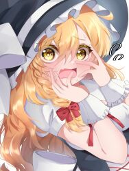 Rule 34 | 1girl, black hat, black skirt, blonde hair, blush, bow, braid, fang, flustered, frilled headwear, hair between eyes, hair bow, hands on own face, hat, highres, kirisame marisa, long hair, open mouth, puffy short sleeves, puffy sleeves, red bow, shirt, short sleeves, single braid, skin fang, skirt, solo, sweat, touhou, uun-un-un (user eryy8424), waist bow, white bow, white shirt, witch hat, wrist cuffs, yellow eyes