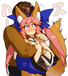 Rule 34 | 1boy, 1girl, absurdres, animal ear fluff, animal ears, bare shoulders, blue bow, blue kimono, blush, bow, breasts, brown hair, brown jacket, cleavage, collarbone, constricted pupils, detached collar, detached sleeves, duplicate, fate/extra, fate (series), fox ears, fox girl, fox tail, full-face blush, hair between eyes, hair bow, highres, hug, hug from behind, huge breasts, jacket, japanese clothes, kimono, kishinami hakuno (male), long hair, looking at viewer, naze, obi, pink hair, pixel-perfect duplicate, sash, short hair, sidelocks, smelling, smelling hair, smile, steam, tail, tamamo (fate), tamamo no mae (fate/extra), tsukumihara academy uniform (fate/extra), twintails, wide sleeves, yellow eyes