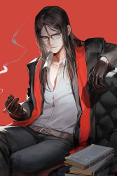 Rule 34 | 1boy, belt, bishounen, black gloves, black hair, book, book stack, cigarette, coat, collared shirt, commentary, denim, fate/grand order, fate (series), gloves, grey eyes, grey pants, hair between eyes, highres, holding, holding cigarette, jeans, liduke, long hair, long sleeves, looking at viewer, lord el-melloi ii, male focus, pants, parted lips, red background, red scarf, scarf, shirt, simple background, sitting, smoke, smoking, solo, unbuttoned, unbuttoned shirt, waver velvet, white shirt, wing collar