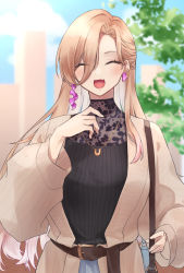 Rule 34 | 1girl, aodake (winter1517), belt, blonde hair, blush, breasts, closed eyes, earrings, fang, fang out, floral print, glasses, hair between eyes, highres, jacket, jewelry, large breasts, long hair, long skirt, long sleeves, mismatched earrings, necklace, nijisanji, nui sociere, nui sociere (4th costume), official alternate costume, open mouth, round eyewear, shirt tucked in, simple background, skin fang, skirt, smile, solo, sweater, upper body, virtual youtuber, white background, yellow eyes