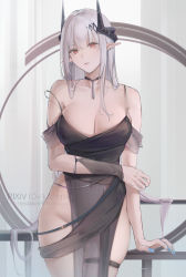 Rule 34 | 1girl, arknights, black dress, blue nails, breasts, cleavage, demon girl, demon horns, dress, ear piercing, groin, hair ornament, highres, horns, large breasts, looking at viewer, mudrock (arknights), mudrock (obsidian) (arknights), nail polish, no panties, official alternate costume, piercing, pixiv id, pointy ears, red hair, resolution mismatch, rifu (643763873), see-through, skindentation, solo, source smaller, strap slip, thigh strap, watermark, web address