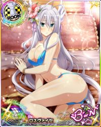 Rule 34 | 10s, 1girl, antenna hair, bikini, blue eyes, blush, bracelet, breasts, card (medium), character name, chess piece, cleavage, covered erect nipples, female focus, flower, hair flower, hair ornament, high school dxd, high school dxd born, jewelry, large breasts, long hair, looking at viewer, navel, nervous, official art, rook (chess), rossweisse, silver hair, solo, swimsuit, trading card, very long hair