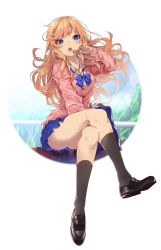 Rule 34 | 1girl, black socks, blonde hair, blue eyes, blue skirt, blush, bow, bowtie, candy, cardigan, collared shirt, commentary request, crossed legs, food, full body, highres, idolmaster, idolmaster cinderella girls, jewelry, kneehighs, kuwashima rein, loafers, lollipop, long hair, necklace, ohtsuki yui, open mouth, pink cardigan, pleated skirt, railing, shirt, shoes, sitting, skirt, socks, solo, striped bow, striped bowtie, striped clothes, striped neckwear, wavy hair