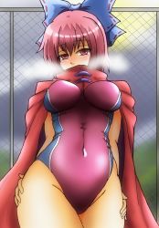 Rule 34 | 1girl, absurdres, blurry, bow, breasts, breath, cape, chain-link fence, competition school swimsuit, covered mouth, d-m (dii emu), depth of field, fence, hair between eyes, hair bow, half-closed eyes, hands on own hips, high collar, highres, looking at viewer, moon, night, one-piece swimsuit, red eyes, red hair, red one-piece swimsuit, school swimsuit, sekibanki, short hair, solo, swimsuit, thighs, touhou