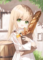 Rule 34 | 1girl, :d, bag, baguette, barrel, bottle, bread, day, dress, food, green eyes, grocery bag, hair between eyes, light brown hair, long hair, long sleeves, looking at viewer, hugging object, open mouth, original, outdoors, paper bag, shopping bag, sleeves past wrists, smile, solo, waka (yuuhagi (amaretto-no-natsu)), white dress, wide sleeves, yuuhagi (amaretto-no-natsu)