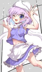 Rule 34 | 1girl, ;d, \||/, absurdres, adapted costume, bare shoulders, blush, colored inner hair, feet out of frame, from below, hand up, hat, highres, kayon (touzoku), letty whiterock, looking at viewer, multicolored hair, nail polish, navel, one eye closed, open mouth, petticoat, purple eyes, purple hair, skirt, smile, solo, touhou