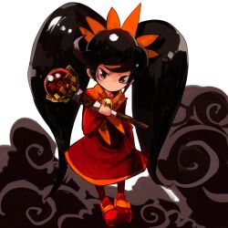 1girl arm_at_side ashley_(warioware) bad_id bad_tumblr_id big_hair black_hair closed_mouth dress flat_chest full_body hairband hand_up holding holding_scepter long_hair long_sleeves neckerchief nintendo orange_hairband orange_neckerchief orange_trim pantyhose raichiyo red_dress red_eyes red_footwear red_pantyhose scepter shoes solo twintails very_long_hair warioware