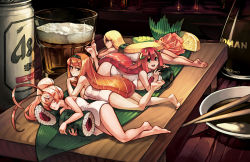 Rule 34 | 4girls, :d, alcohol, antenna hair, artist name, bare legs, barefoot, beer, beer can, blonde hair, breasts, brown eyes, can, chopsticks, closed eyes, cup, drink can, drinking glass, feet up, female focus, fish (food), food, fruit, green eyes, hairband, half-closed eyes, hugging object, in food, junkpuyo, large breasts, leaf, lemon, lemon slice, long hair, looking at viewer, lying, makizushi, mini person, minigirl, multiple girls, naked towel, nigirizushi, on side, on stomach, open mouth, orange hair, original, personification, pink hair, ponytail, red hair, revision, sleeping, smile, soy sauce, sushi, sushi geta, table, towel