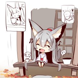 Rule 34 | !, 1girl, :&lt;, :d, ^ ^, animal ear fluff, animal ears, autumn leaves, barefoot, beamed sixteenth notes, chibi, closed eyes, closed mouth, commentary request, eighth note, flying sweatdrops, fox ears, fox girl, fox tail, grey hair, hair between eyes, holding, japanese clothes, kimono, long hair, long sleeves, musical note, obi, open mouth, original, patch, rain, sash, sidelocks, sitting, smile, speech bubble, spoken exclamation mark, tail, tail raised, veranda, very long hair, white kimono, wide sleeves, yuuji (yukimimi), | |
