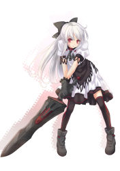 Rule 34 | 1girl, alternate color, black thighhighs, bow, female focus, full body, hair bow, long hair, red eyes, shanghai doll, silver hair, solo, standing, sword, thighhighs, touhou, vinashyra, weapon, white background