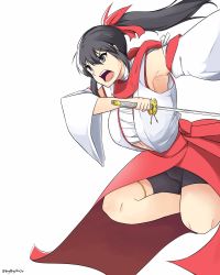 Rule 34 | 1girl, armpits, bike shorts, black hair, black shorts, commentary, english commentary, grey eyes, hair ribbon, hakama, hakama skirt, highres, holding, holding sword, holding weapon, japanese clothes, long hair, midair, open mouth, original, ponytail, red hakama, red ribbon, red skirt, ribbon, sarashi, shorts, shorts under skirt, sidelocks, simple background, skirt, solo, sword, twitter username, wangphing, weapon, white background