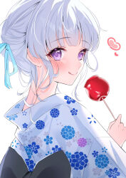 Rule 34 | 1girl, alternate costume, alternate hairstyle, back bow, blue archive, blush, bow, candy, candy apple, floral print, food, grey hair, heart, highres, holding, holding candy, holding food, japanese clothes, kimono, looking at viewer, looking back, nano (blueoekaki), nape, noa (blue archive), purple eyes, simple background, smile, solo, tongue, tongue out, white background, white kimono