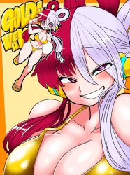 Rule 34 | 1girl, alternate breast size, artist request, ball, bikini, breasts, chibi, choker, curvy, grin, headphones, highres, holding, holding ball, jewelry, large breasts, long hair, looking at viewer, multicolored hair, multiple views, naughty face, navel, necklace, one piece, purple eyes, red hair, shiny skin, smile, solo, split-color hair, swimsuit, thick thighs, thighs, thighs together, thong, thong bikini, two-tone hair, uta (one piece), v, very long hair, white hair, wide hips, yellow bikini