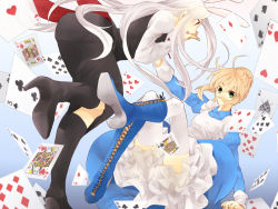Rule 34 | 2girls, ace (playing card), ace of hearts, ace of spades, ahoge, alice in wonderland, animal ears, apron, artoria pendragon (all), artoria pendragon (fate), asagi-so, bad id, bad pixiv id, blonde hair, boots, card, cross-laced footwear, dress, floating card, falling cards, fate/zero, fate (series), frilled skirt, frills, gown, green eyes, heart, high heels, irisviel von einzbern, jack (playing card), jack of spades, king (playing card), king of diamonds, long hair, multiple girls, playing card, queen (playing card), queen of hearts (playing card), rabbit ears, red eyes, saber (fate), shoes, skirt, spade (shape), thighhighs, white hair, white legwear