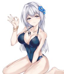 Rule 34 | 1girl, blue eyes, blue flower, blue one-piece swimsuit, braid, breasts, casual one-piece swimsuit, cleavage, collarbone, cowboy shot, flower, fuchi (0616tk), hair flower, hair ornament, hair over shoulder, highres, long hair, looking at viewer, magia record: mahou shoujo madoka magica gaiden, mahou shoujo madoka magica, medium breasts, ok sign, one-piece swimsuit, open mouth, round teeth, silver hair, simple background, single braid, sitting, smile, solo, swimsuit, teeth, upper teeth only, wariza, white background, yakumo mitama, yakumo mitama (swimsuit costume)