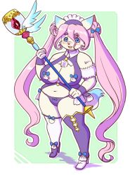 Rule 34 | 1girl, blue eyes, dog, furry, furry female, kinshun76501, long hair, open mouth, pink hair, solo, staff, twintails