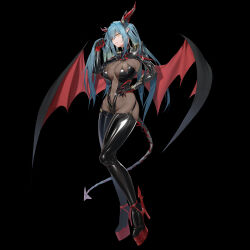 Rule 34 | 1girl, absurdres, aqua hair, azur lane, black background, black gloves, black thighhighs, bodystocking, breasts, chinese commentary, cleavage, commentary request, covered navel, dragon girl, dragon horns, dragon tail, elbow gloves, full body, gloves, groin, hair between eyes, hand in own hair, hand on own hip, high heels, highres, horns, large breasts, leotard, long hair, looking at viewer, mechanical horns, mechanical tail, najiu jiao xiaolan ba, pointy ears, red footwear, regensburg (azur lane), see-through, see-through cleavage, sidelocks, simple background, skindentation, smile, solo, standing, tail, thighhighs, twintails, two-tone wings, wings, yellow eyes