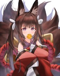 Rule 34 | 1girl, absurdres, amagi-chan (azur lane), animal ears, azur lane, blunt bangs, brown hair, candy, commentary request, food, fox ears, fox girl, fox tail, hair ribbon, highres, huge filesize, japanese clothes, kimono, kitsune, kyuubi, lollipop, long hair, looking at viewer, manjuu (azur lane), mouth hold, multiple tails, off shoulder, purple eyes, ribbon, rope, sazuna (user gepn5443), shimenawa, sidelocks, simple background, sleeves past wrists, solo, tail, thick eyebrows, twintails, white background, wide sleeves