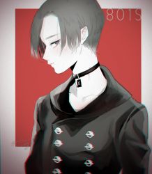 Rule 34 | 1boy, alternate hair color, arms at sides, artist name, black choker, black shirt, buttons, choker, chromatic aberration, closed mouth, commentary request, double-breasted, from side, grey hair, jewelry, long sleeves, looking at viewer, male focus, nier (series), nier:automata, pendant, profile, shirt, signature, twitter username, upper body, 9s (nier:automata)