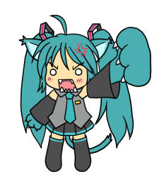 Rule 34 | 1girl, ahoge, anger vein, angry, animal ears, animal hands, blue hair, blush, cat ears, cat paws, cat tail, detached sleeves, hatsune miku, kemonomimi mode, long hair, lowres, necktie, o o, open mouth, sharp teeth, skirt, solo, tail, teeth, thighhighs, twintails, vocaloid, yunkaasu (kakushiaji)