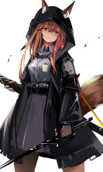 Rule 34 | 1girl, absurdres, animal ear fluff, animal ears, arknights, bad id, bad pixiv id, black jacket, brown eyes, brown hair, chinese commentary, commentary request, cowboy shot, dress, fox ears, fox tail, franka (arknights), gloves, grey dress, grey gloves, hair between eyes, head tilt, highres, holding, holding sword, holding weapon, hood, hooded jacket, jacket, long hair, long sleeves, looking at viewer, open clothes, open jacket, pantyhose, partial commentary, qianzhaojihuajipao, simple background, solo, standing, sword, tail, weapon, white background