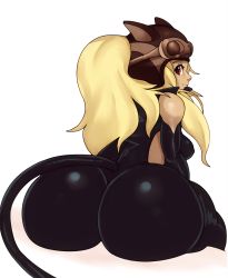 Rule 34 | 1girl, alternate costume, animal ears, artist name, ass, bare shoulders, blonde hair, blush, bodysuit, breasts, cat ears, cat tail, curvy, dark-skinned female, dark skin, fake animal ears, fake tail, female focus, goggles, goggles on head, gravity daze, highres, huge ass, kitten (gravity daze), long hair, looking at viewer, looking back, mato spectoru, medium breasts, ponytail, red eyes, shiny clothes, sideboob, sitting, skin tight, smile, solo, tail