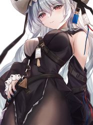 Rule 34 | 1girl, arknights, atychi, bare shoulders, black dress, black pantyhose, black sleeves, blue nails, close-up, closed mouth, commentary, detached sleeves, dress, from below, grey hair, hair between eyes, highres, long hair, nail polish, pantyhose, red eyes, simple background, smile, specter (arknights), specter the unchained (arknights), thighs, white background