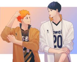 Rule 34 | &gt;:), 2boys, 5600cm, :p, absurdres, aged up, arm up, black hair, eye contact, face-to-face, haikyuu!!, highres, hinata shouyou, holding own arm, jacket, kageyama tobio, looking at another, male focus, multiple boys, open clothes, open jacket, orange eyes, orange hair, short hair, simple background, smile, sportswear, standing, tongue, tongue out, twintails, twitter username, volleyball uniform