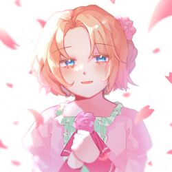 Rule 34 | 1girl, ascot, blonde hair, blue eyes, blush, dress, falling petals, flower, hair flower, hair intakes, hair ornament, highres, holding, holding flower, looking at viewer, noel levine (past), open mouth, petals, pink dress, pink flower, pu0070201, puffy sleeves, red ascot, shiny eyes, short hair, smile, solo, tears, upper body, white background, witch&#039;s heart