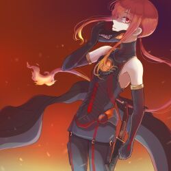 Rule 34 | armor, armpits, cape, detached sleeves, fate (series), flat chest, gradient background, highres, holding, holding mask, looking at viewer, mask, oda nobukatsu (fate), orange background, papico0154, red background, red eyes, red hair, serious, sword, twintails, weapon