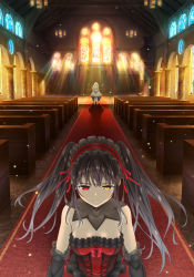 Rule 34 | absurdres, black hair, boots, church, date a live, date a live: date a bullet, detached sleeves, dress, frown, headband, heterochromia, highres, lace, official art, pillar, red carpet, red dress, ribbon, stained glass, sunlight, tokisaki kurumi, white dress, white hair, white queen (date a live)