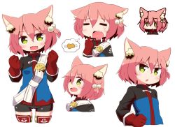 Rule 34 | 1girl, 7th dragon, 7th dragon (series), :d, = =, animal ear fluff, animal ears, belt, belt buckle, bike shorts, black shorts, blue jacket, boned meat, buckle, cat ears, closed eyes, closed mouth, commentary request, fang, fighter (7th dragon), food, gloves, green eyes, hair between eyes, hair bobbles, hair ornament, harukara (7th dragon), jacket, long sleeves, meat, multiple views, naga u, one side up, open mouth, parted lips, pink hair, red gloves, short shorts, shorts, simple background, smile, spoken food, striped clothes, striped thighhighs, tears, thighhighs, white background, white belt