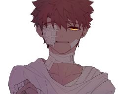Rule 34 | bandaged neck, bandages, emiya shirou, eyepatch, fate/stay night, fate (series), kamo 0707, male focus, red hair, shirt, simple background, smile, solo, white background, white shirt, yellow eyes