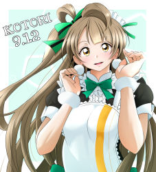 Rule 34 | 1girl, ankle bow, ankle ribbon, apron, black footwear, blush, bow, bowtie, box, brown eyes, brown hair, character name, dress, earrings, female focus, green bow, green bowtie, hair bow, heart, heart-shaped box, jewelry, kirisaki reina, leg ribbon, light brown hair, long hair, looking at viewer, love live!, love live! school idol festival, love live! school idol project, maid, maid headdress, mary janes, minami kotori, mogyutto &quot;love&quot; de sekkin chuu!, one side up, pom pom (clothes), pom pom earrings, ribbon, shoes, short dress, short sleeves, smile, solo, striped, striped bow, thighhighs, white thighhighs, yellow eyes