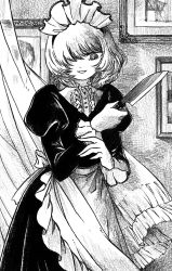 Rule 34 | 1girl, apron, black dress, cowboy shot, curtains, dress, framed, greyscale, hair over one eye, highres, holding, holding knife, juliet sleeves, knife, long sleeves, maid, maid apron, maid headdress, monochrome, original, parted lips, picture frame, puffy sleeves, short hair, smile, solo, yamakita higashi