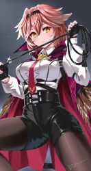 Rule 34 | 1girl, black gloves, black hairband, black pantyhose, breasts, cape, collared shirt, cross-shaped pupils, fingerless gloves, gloves, hair between eyes, hairband, head wings, high-waist shorts, highres, holding, holding whip, hololive, large breasts, long sleeves, looking at viewer, medium hair, necktie, pantyhose, pink hair, red necktie, shirt, shirt tucked in, shorts, simple background, solo, symbol-shaped pupils, takane lui, takane lui (1st costume), usagi koushaku, virtual youtuber, white shirt, wings
