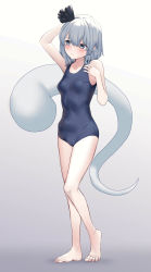 Rule 34 | 1girl, arm up, armpits, barefoot, black bow, blue one-piece swimsuit, bow, breasts, duplicate, embarrassed, hair ornament, highres, kisamu (ksmz), konpaku youmu, konpaku youmu (ghost), non-web source, one-piece swimsuit, pixel-perfect duplicate, school swimsuit, shirt, small breasts, solo, swimsuit, touhou, white background, white shirt