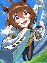 Rule 34 | 1girl, agnes tachyon (umamusume), ahoge, animal ears, bandolier, black pantyhose, blue sky, blush, breasts, brown hair, chemical structure, coat, collared shirt, commentary request, day, earrings, grass, hair between eyes, highres, horse ears, horse girl, horse tail, jewelry, koppe koppe, looking at viewer, looking back, open clothes, open coat, open mouth, outdoors, pantyhose, red eyes, running, shirt, single earring, sky, smile, solo, sweat, tail, umamusume
