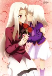 Rule 34 | 2girls, absurdres, age difference, albino, ascot, black legwear, blazer, blush, boots, buttons, child, closed eyes, fate/zero, fate (series), flat chest, flower, frills, gradient background, heart, heart background, high heel boots, high heels, highres, holding, holding hands, hug, illyasviel von einzbern, imminent kiss, irisviel von einzbern, jacket, kneeling, light smile, long hair, long sleeves, looking at another, megami magazine, mother and daughter, multiple girls, neck ribbon, non-web source, official art, one eye closed, onee-loli, pantyhose, pencil skirt, petticoat, red eyes, ribbon, scan, seiza, short hair, sitting, skirt, smile, standing, thigh boots, thighhighs, very long hair, white hair, white legwear, wink, yamazaki miki, yuri