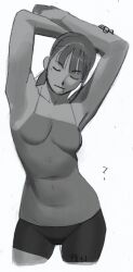 Rule 34 | 1girl, absurdres, armpits, arms up, bare shoulders, bike shorts, breasts, camisole, closed eyes, collarbone, covered navel, greyscale, highres, long hair, monochrome, noobboy 02, original, simple background, solo, spaghetti strap, standing